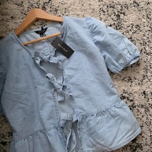 Sim & Sam Chambry Tie Front Puff Sleeve Blouse Womens L Cotton Blue NWT Boho